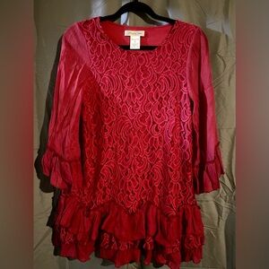 Lovely Red Paisley Vine Dress ~ Size S ~ Flowy with Ruffled Hem Details!